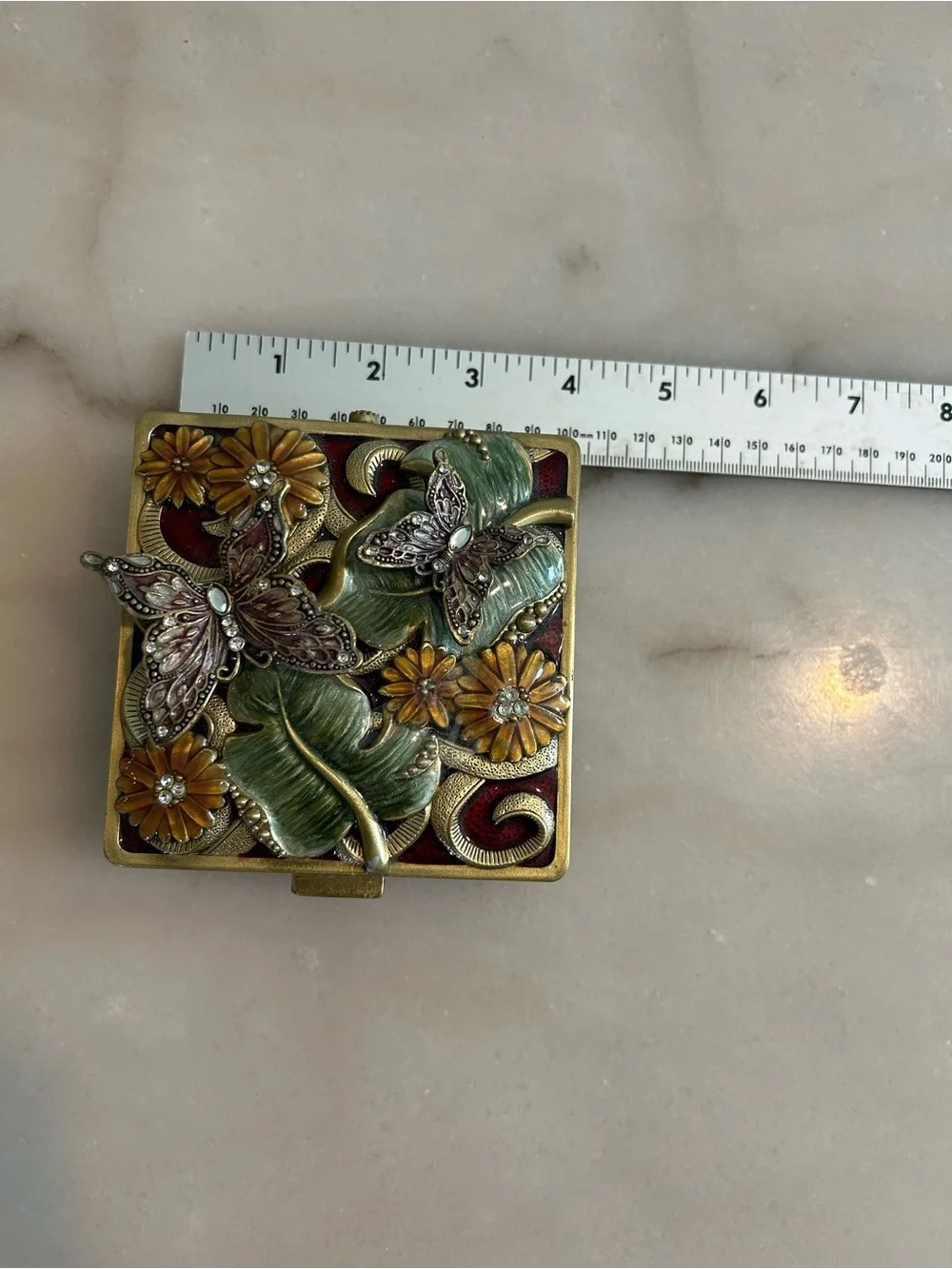 The Bombay Company Enameled Trinket Jewelry Box Mirror Velvet Interior Vintage